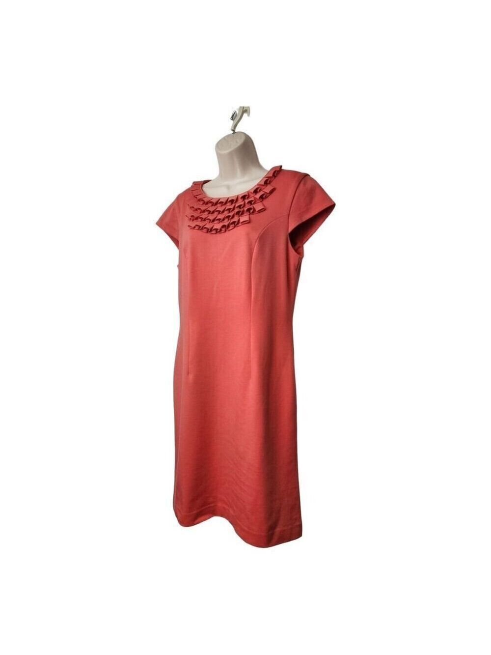 Adrienne Vittadini Ponte Coral Salmon Loop Pleat Neck Sheath Dress Size 10 - Picture 2 of 9